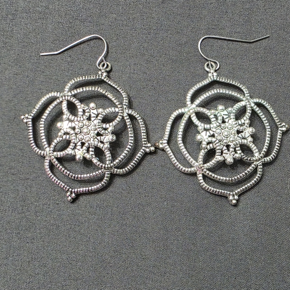 Silver Tone, Floral Bohemian Style, Vintage Dangle Earrings - Item 509